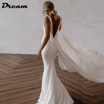 DREAM Креповое свадебное платье с глубоким V-образным вырезом и съемным шлейфом 