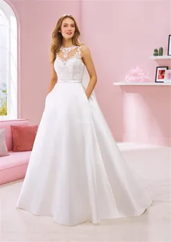 Роскошное свадебное платье трапециевидной формы с открытой спиной, Изысканное кружевное платье Невесты с круглым вырезом, Драпированный атласный халат de Mariee