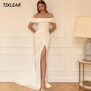TIXLEAR Простые Свадебные платья без бретелек с разрезом сбоку и открытыми плечами, Атласные свадебные платья 