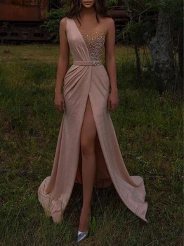 Элегантное Женское вечернее платье с розовыми бусинами, сексуальное платье без рукавов в стиле пэчворк, Vestidos De Novia, модное вечернее платье Русалки с оборками и блестками