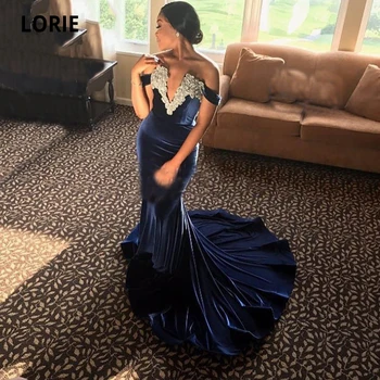LORIE Темно-синее вечернее платье Русалка, Длинное бархатное платье для выпускного вечера с открытыми плечами, Роскошное вечернее платье из бисера в Саудовской Аравии, Арабском Дубае