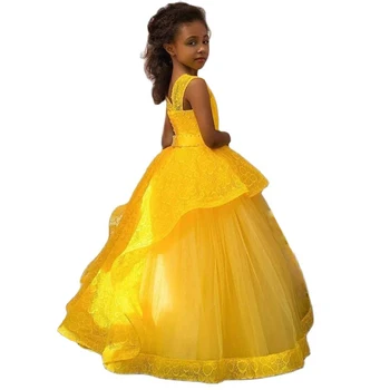 Желтые Вечерние платья для девочек, Кружевное платье для Первого причастия, многоуровневые платья с оборками для девочек в цветочек, длинные свадебные платья