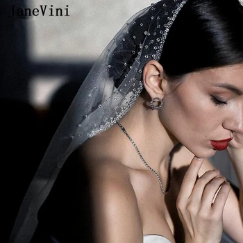 JaneVini 2022 Роскошные Короткие Свадебные вуали с Металлическим гребнем, Свадебная фата из мягкого тюля с расшитой бисером вуалью длиной до локтя, Белый Горный хрусталь