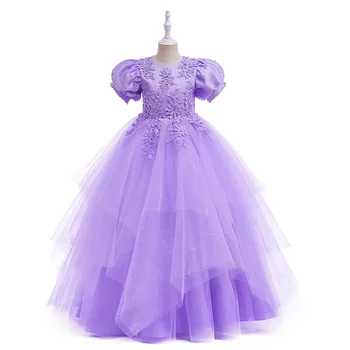 Многоуровневое Фиолетовое платье с цветочным узором для девочек на Свадьбу, Детское Фатиновое платье Принцессы длиной до пола для Первого Причастия, Праздничное платье для 4-14 лет