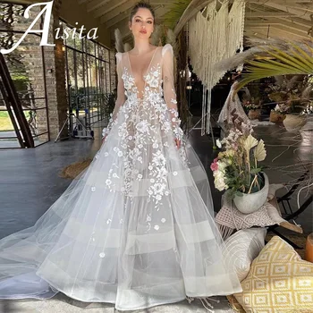 Интригующий V Образный вырез, Свадебное платье с 3D Цветами, Длинные рукава, Аппликации, Свадебное платье с открытой спиной, Классический Vestidos De Novia