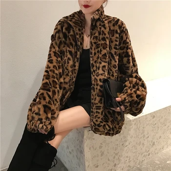 Женская Винтажная леопардовая верхняя одежда на молнии со стоячим воротником 2023, зимняя куртка, Женские Свободные пушистые пальто большого размера, женская повседневная уличная одежда