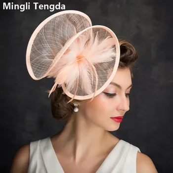 Свадебная шляпа Mingli Tengda, женское перо, конопляная пряжа, однотонная шляпа невесты, Свадебный головной убор, сетчатые шляпы для свадебного банкета, телесно-розовые шляпы