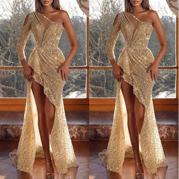 Вечерние платья Русалки с золотым кружевом и блестками на одно плечо на заказ, платье для выпускного вечера с кристаллами на молнии длиной до пола