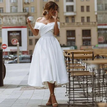 Белое Дешевое Свадебное платье Короткие Свадебные платья с открытыми плечами 2021 Чайной Длины Свадебные платья в Атласную складку Vestido de Noiva Плюс Размер