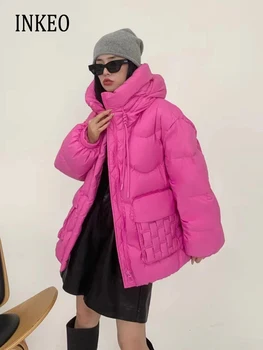 Корейский стиль, пуховик с карманами и капюшоном, женская куртка Оверсайз 2023, осенне-зимнее модное пуховое пальто с длинным рукавом-фонариком, INKEO 3O083