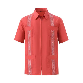Мужские кубинские рубашки Guayabera с коротким рукавом, мексиканская рубашка на молнии спереди с карманом, базовый топ All-