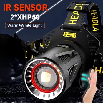 ИК-Датчик 2 * XHP50 Мощный светодиодный Налобный фонарь Перезаряжаемый Головной Фонарик XHP360 Высокой Мощности 18650 Налобные Фонари Кемпинг Фонарь