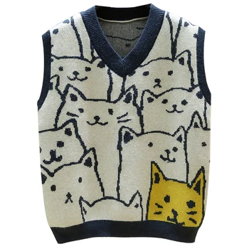 Мужская уличная одежда, Вязаный свитер с мультяшным котом, Жилет, Осень 2021, Harajuku, Повседневный Свободный свитер без рукавов, Трикотажный топ Унисекс