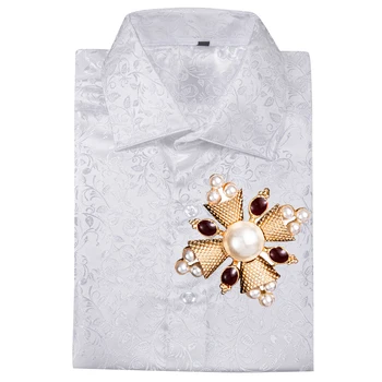 Белая мужская рубашка, свадебная, весна-осень, классическая, с цветочным рисунком, с длинным рукавом и отложным воротником, повседневная, для жениха, деловая, Барри.Wang CY-630
