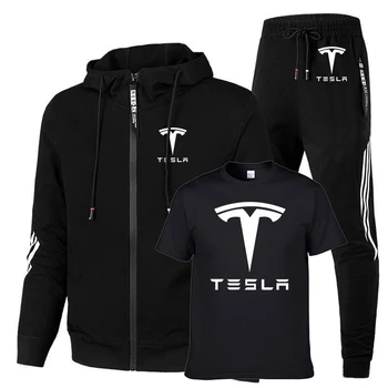 Мужские костюмы с логотипом автомобиля Tesla, весенний высококачественный хлопок, модная хлопковая мужская толстовка в полоску + футболка + спортивные брюки, комплект из 3 предметов