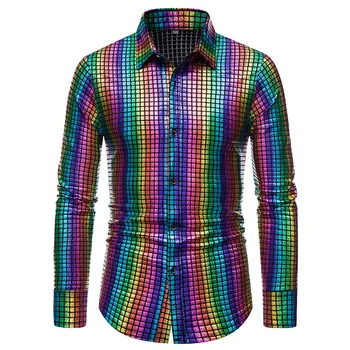 Мужские рубашки с радужными блестками, костюм для дискотеки 70-х, Золотисто-Серебристые Разноцветные Клетчатые топы с геометрическим рисунком и 3D Цифровым принтом