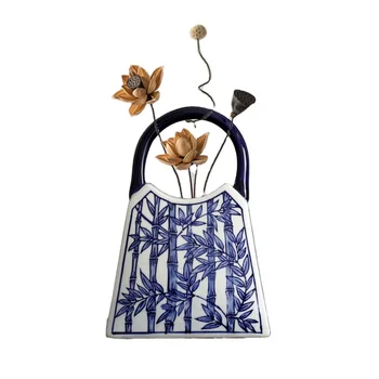 Сине-белая Керамическая ваза в форме сумочки Фарфоровые вазы для украшения искусственных цветов