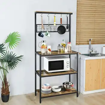 67-дюймовая деревянная кухонная стойка для выпечки с 4 полками для хранения и 10 крючками коричневого цвета в деревенском стиле