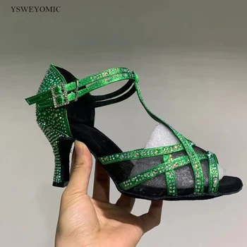 Хрустально-Зеленые Танцевальные Туфли, Атласные Туфли Для Латиноамериканской Сальсы 2021, Супер Гибкие Профессиональные Туфли Для Латиноамериканских Танцев На Высоком Среднем Каблуке 3 дюйма Для Женщин