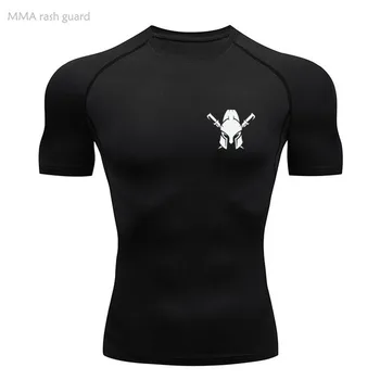 Мужская летняя футболка для тренировок в тренажерном зале, рубашка с коротким рукавом, черная футболка для бега, быстросохнущие компрессионные спортивные рубашки для ММА, бодибилдинга, мужские