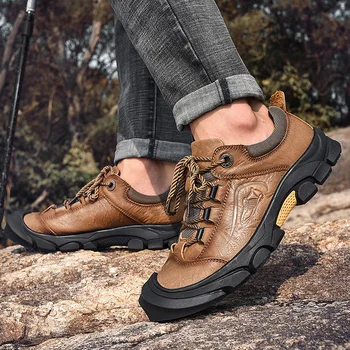 Мужская походная обувь из коровьей кожи, водонепроницаемые нескользящие треккинговые кроссовки, спортивные, защищающие носок, дорожная мужская обувь