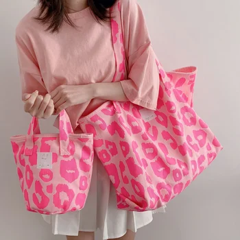 Розовая Леопардовая сумка Через плечо, Женская Повседневная сумка Большой Емкости, Женские Милые Холщовые сумки, сумка-ведро, НОВИНКА 2023 года