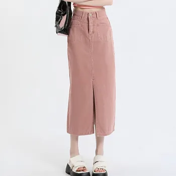 Розовые Длинные джинсовые юбки для женщин 2023, летняя Винтажная корейская мода, Прямая юбка Макси, Джинсы до середины икры, Длинная юбка, Женская одежда