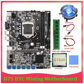 Материнская плата B75 BTC для майнинга 12 PCIE к USB LGA1155 DDR3 4 ГБ оперативной памяти 1600 МГц + процессор G1620 + кабель SATA B75 ETH Miner для майнинга