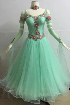 Стандартное платье для бальных танцев 2023, Новое поступление, светло-зеленые платья для бальных танцев Вальса Танго с коротким рукавом для взрослых