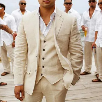 Льняные Летние мужские костюмы для свадьбы, Смокинги для Жениха, Повседневный Пляжный комплект из 3 предметов, изготовленный на заказ, Куртка, жилет с брюками, Американская мода 2023