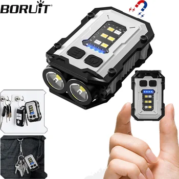 Мини-брелок BORUIT, фонарик для работы, USB Перезаряжаемый портативный фонарик со встроенным магнитом, аккумулятор, карманный фонарь для кемпинга