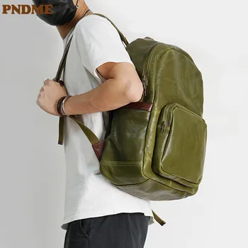 PNDME модный роскошный дизайнерский мужской зеленый рюкзак из воловьей кожи, органайзер для путешествий на открытом воздухе, рюкзак большой емкости из натуральной кожи