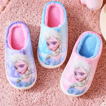 Замороженная принцесса Эльза Диснея Домашние тапочки, плюшевые дизайнерские Детская теплая обувь plaform без застежки для маленьких девочек Детская обувь на плоской подошве