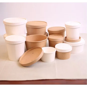 ЭКО Одноразовая миска для супа из крафт-бумаги с бумажной крышкой, упаковка для ланча на вынос, ведро для упаковки пищевых продуктов на вынос