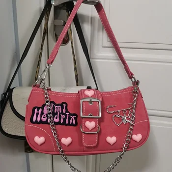 Винтажная женская сумка Y2k для подмышек, кошелек с сердечком, женские модные сумки на цепочке с вышивкой букв, женская сумка-тоут, сумка через плечо