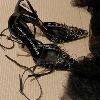 Летние сандалии-гладиаторы с ремешками, женские сетчатые туфли на тонком высоком каблуке с острым носком, сандалии с металлическим кольцом и пряжкой на щиколотке
