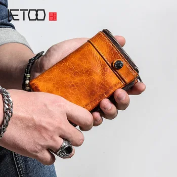 Мужской короткий кожаный кошелек AETOO, портмоне на молнии в стиле ретро, вертикальный кожаный мужской кошелек