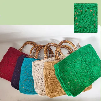 Женская сумка из веревки, связанная крючком, в национальном стиле, Модная сумка с бамбуковой ручкой, Большая хлопковая сумка для покупок с цветами
