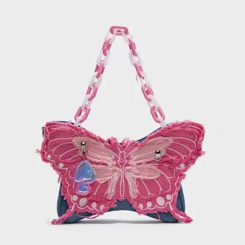Женские сумки через плечо, Джинсовая цепочка с бабочкой, 2023, Новая Модная Милая Повседневная милая сумка через плечо для девочек