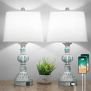 Настольные лампы с 3-полосной регулировкой яркости с 2 USB-портами, Набор из 2 прикроватных ламп для чтения в прибрежной спальне, Современный прикроватный столик в деревенском стиле