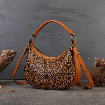 Винтажная женская сумка ручной работы из натуральной кожи, сумка подмышками, коричневая Женская сумка с цветочным рисунком, женская сумка-тоут или через плечо