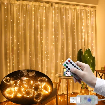 iHseno 3M LED Медная Проволока Шторы Огни Гирлянда Окно USB Мощность Сказочный Пульт Новогодняя Гирлянда Светодиодные Фонари Рождественское Украшение