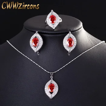 CWWZircons, Элегантный Шикарный кубический цирконий, ожерелье из красного хрустального листа, Серьги и кольца, ювелирные наборы для женщин, Рождественский подарок T192