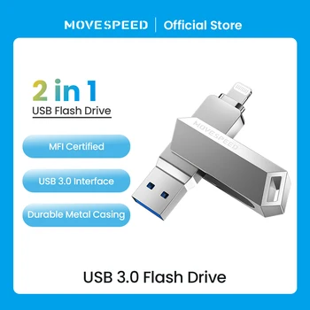 MOVESPEED 2 в 1 USB Флэш-накопитель 3,0 Флеш-накопитель 256 ГБ 128 ГБ USB Memory Stick MFI Сертифицированный Металлический флэш-накопитель для iPhone iPad PC