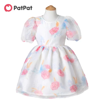 PatPat/ Короткое сетчатое платье Принцессы с цветочным принтом и пышными рукавами для маленьких девочек