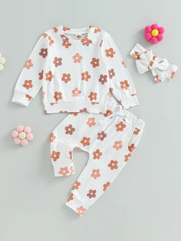 Осенне-зимний наряд для маленьких девочек, толстовка с длинными рукавами и эластичными брюками на талии, комплект одежды для новорожденных (с цветочным принтом