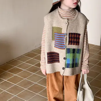 Детские свитера и жилетки для детей от 2 до 9 лет, куртка без рукавов для девочек, Детский вязаный жилет в корейском стиле, вязаный пуловер для мальчиков