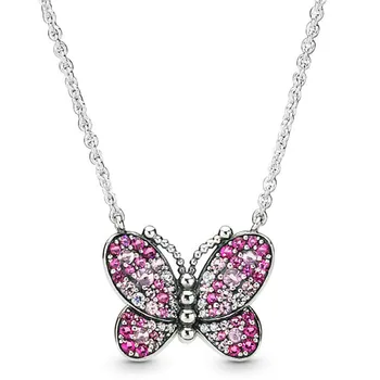 Оригинальные моменты Ослепительно Розовая бабочка с хрустальным ожерельем для женщин из стерлингового серебра 925 пробы, ожерелье с подвесками из бисера, Модные ювелирные изделия