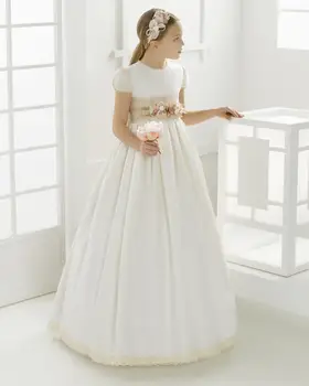Платье с цветочным узором для девочек, Атласное кружевное Платье Принцессы с высокой талией, Платья Белого Ангела для Первого причастия, подарок для детей Мечты на свадьбу