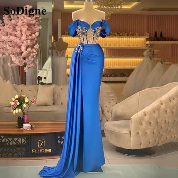 Длинные вечерние платья из атласа SoDigne, синие бусины с открытыми плечами, современное платье для выпускного вечера, разрез сбоку, женское вечернее платье в Дубае